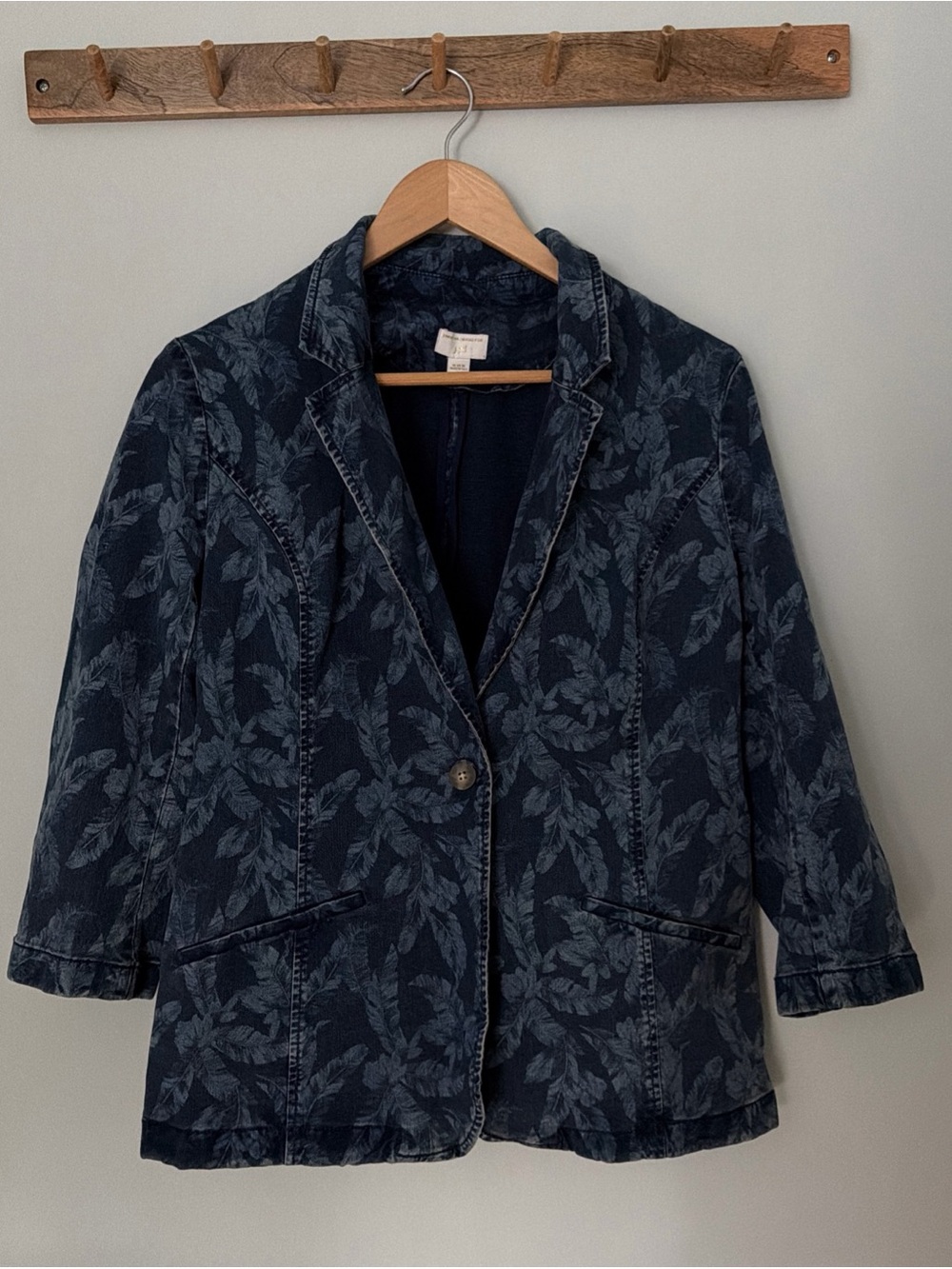 J. Jill x Christian Siriano Womens M Tall Blue Leaf Print Denim Blazer Jacket